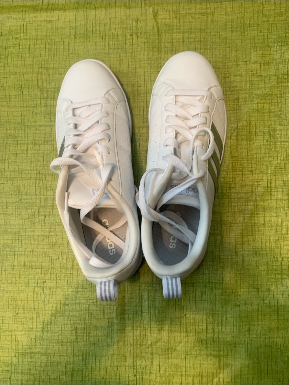 adidas Women’s White Sneakers with Olive-Green Stripes